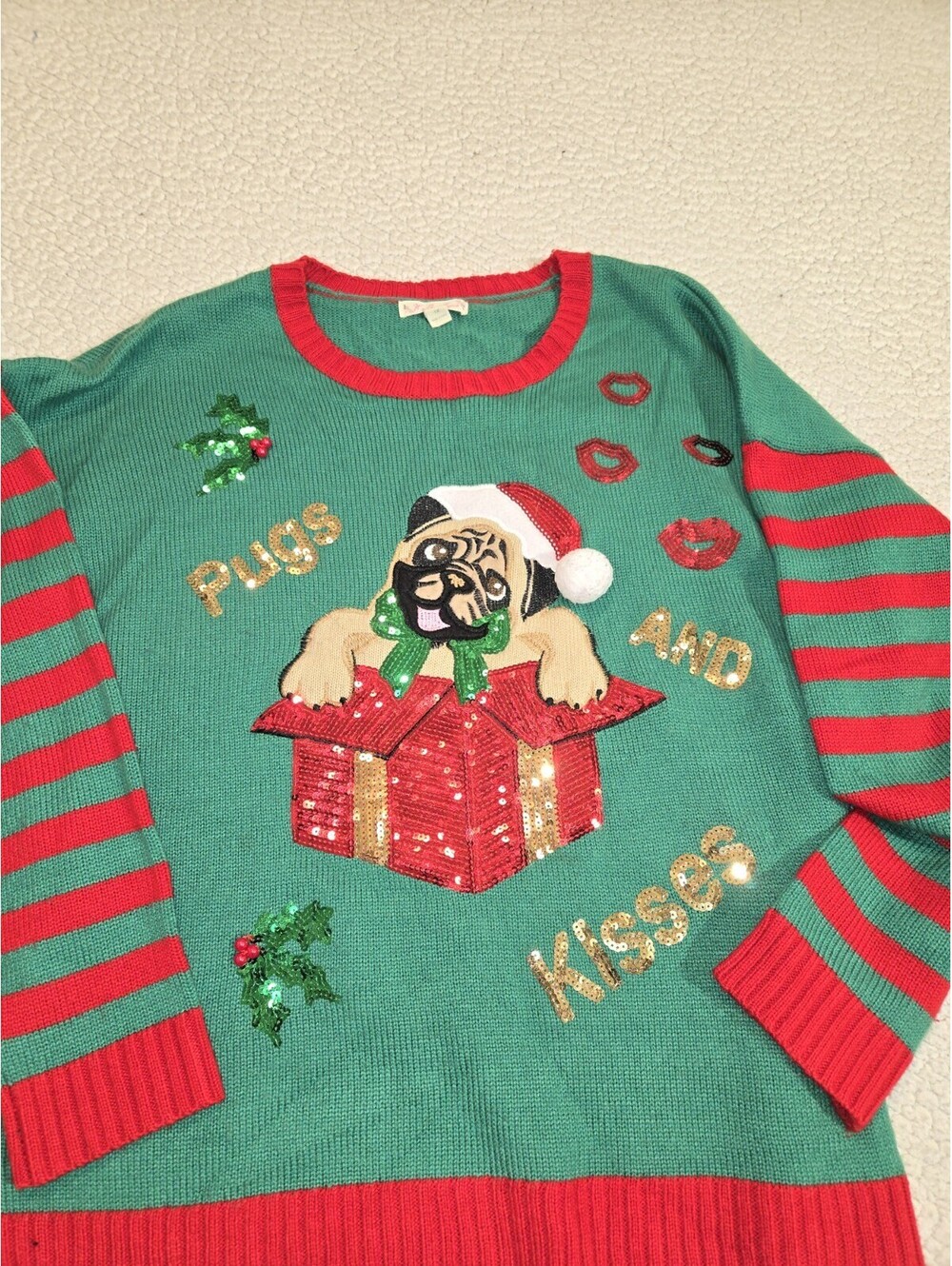 Christmas Sweater  Women's Sz 1x Pugs And Kisses Vtg Green Red